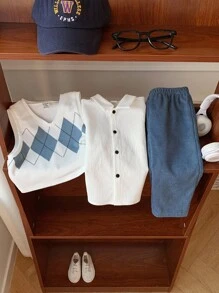 SHEIN 3pcs Baby Boy Casual Argyle Vest, White Shirt, Blue Casual Pants Outfit, Suitable For Birthday Party, Evening Party, Performance, Wedding, Baby Shower, Christening, 1st Birthday Celebration - Multicolor - View 2