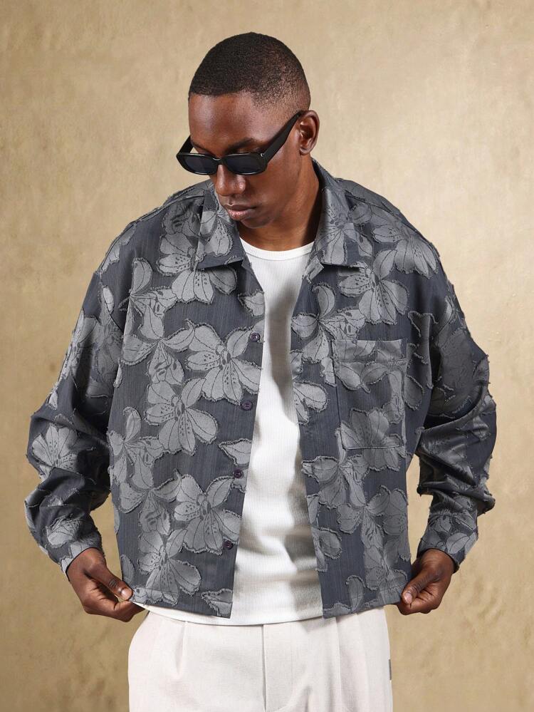 Chemise boutonnée à motif jacquard floral et coupe oversize