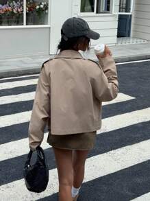 Muchica Fall Clothes Back To School  Casual Women's Khaki Woven Long Sleeve Trench Coat - Khaki - View 2