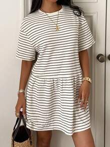 CovetEZ 女式条纹针织宽松娃娃裙，短袖 - 彩色 - 查看 6