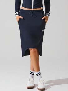 Fluxe 女士休闲可拆卸蝴蝶结和字母刺绣 A 字裙 - 藏蓝色 - 查看 6