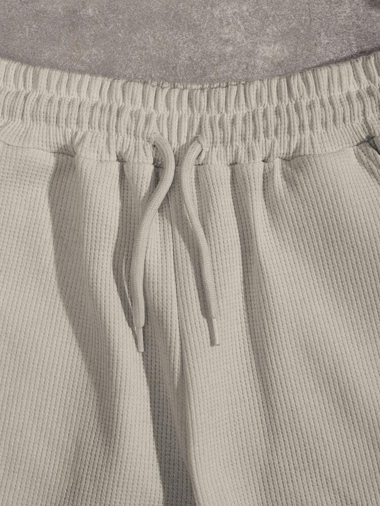EURMUSE 100%Cotton Men Spring And Summer Casual Texture Fabric Drawstring Waist Short Pants With Hand-Written English Letter Pattern - Apricot - View 3