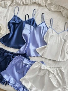 SHEIN 3件套女士撞色荷叶边仿丝服装套装