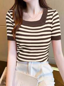 Chiquease Women Square Collar Short Sleeve Casual Striped Knit Top, Autumn/Winter - Chocolate Brown - View 5