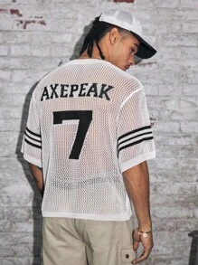 AXEPEAK 男士数字条纹镂空V领短袖针织上衣 - 白色 - 查看 3