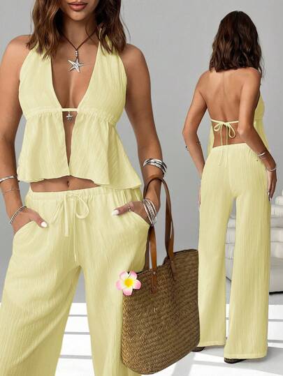 SHEIN EZwear Conjunto de 2 piezas de verano para mujer con top halter sin espalda con lazo y pantalones anchos de pierna ancha con bolsillos laterales, estilo casual de vacaciones