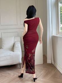 Feyla Women's Elegant Floral Print Asymmetrical Neck Ruffle Fitted Dress, Summer - Burgundy - View 4