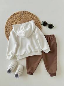 Bộ 2 áo nỉ chui đầu không tay có mũ trùm đầu hình gấu hoạt hình màu nâu cho bé trai/bé gái và quần dài thể thao, giản dị & dễ thương, mềm mại & thoải mái, thích hợp cho mùa xuân, mùa thu, mùa đông, trong nhà & ngoài trời - Cà phê nâu - Xem 2