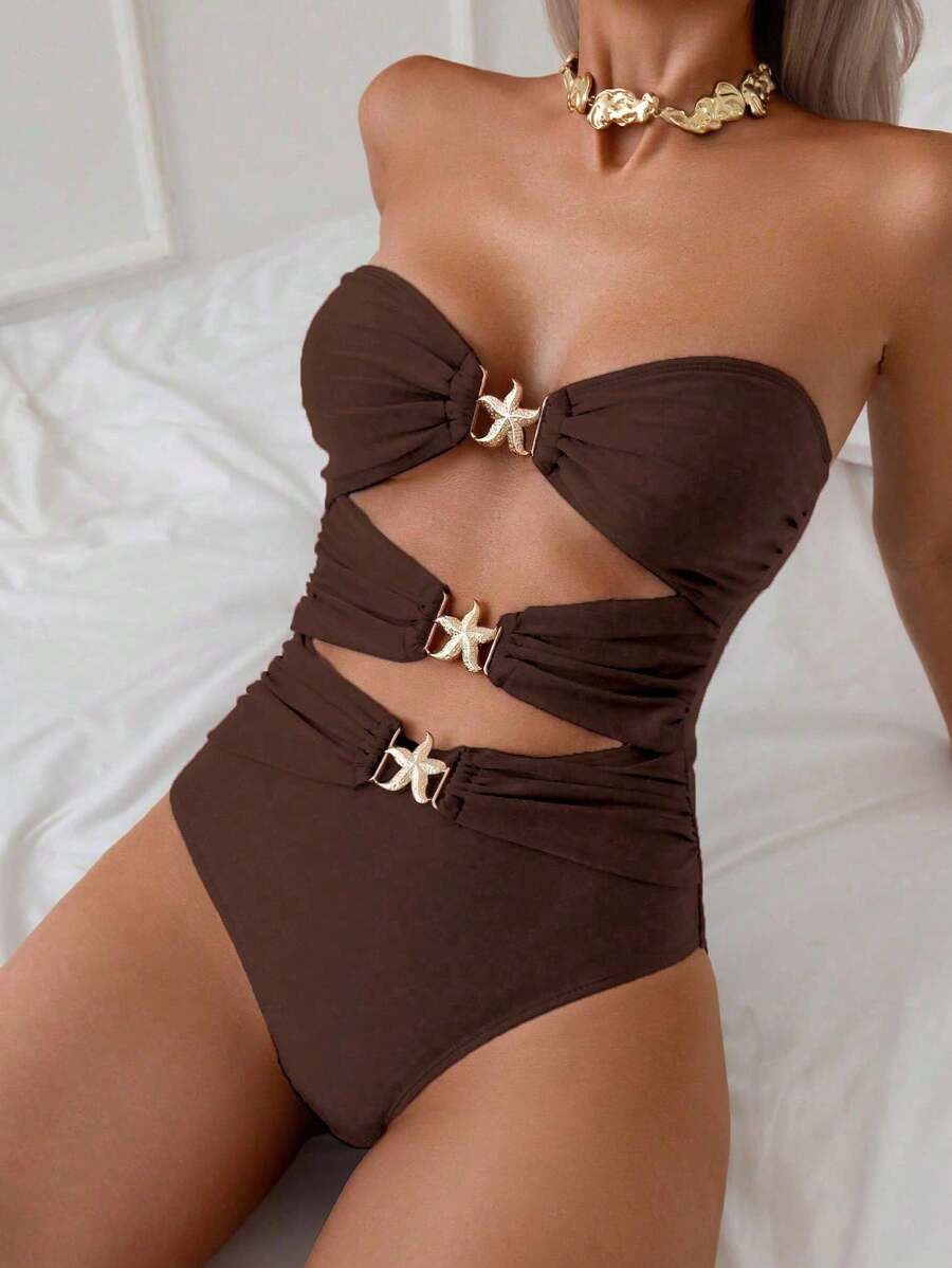 Swim Chiccia Baju Renang Wanita Model One Piece Kasual dengan Tali Bahu dan Lubang-lubang, Warna Polos Sederhana, Cocok untuk Liburan Pantai Musim Panas - Coklat - View 1
