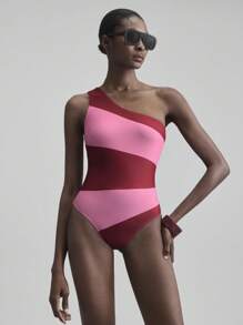 Ontre 2026 Spring/Summer New Music Festival, Graduation, Beach Vacation Style Asymmetric One Shoulder Stripe Print One-Piece Swimsuit & Beach Outfit For Women - Multicolor - View 5