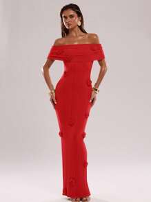 SHEIN BAE 性感女士半透明红色露肩连衣裙 - 紅色 - 查看 3