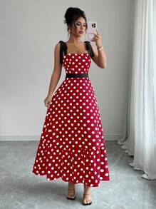 Elenzga 女士优雅波尔卡圆点印花无袖连衣裙，夏季 - 紅白色 - 查看 5