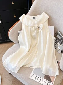 SHEIN Clasi 大码女式无袖圆领优雅飘逸背心，百搭春夏休闲装、日常装、家居装 - 杏色 - 查看 3