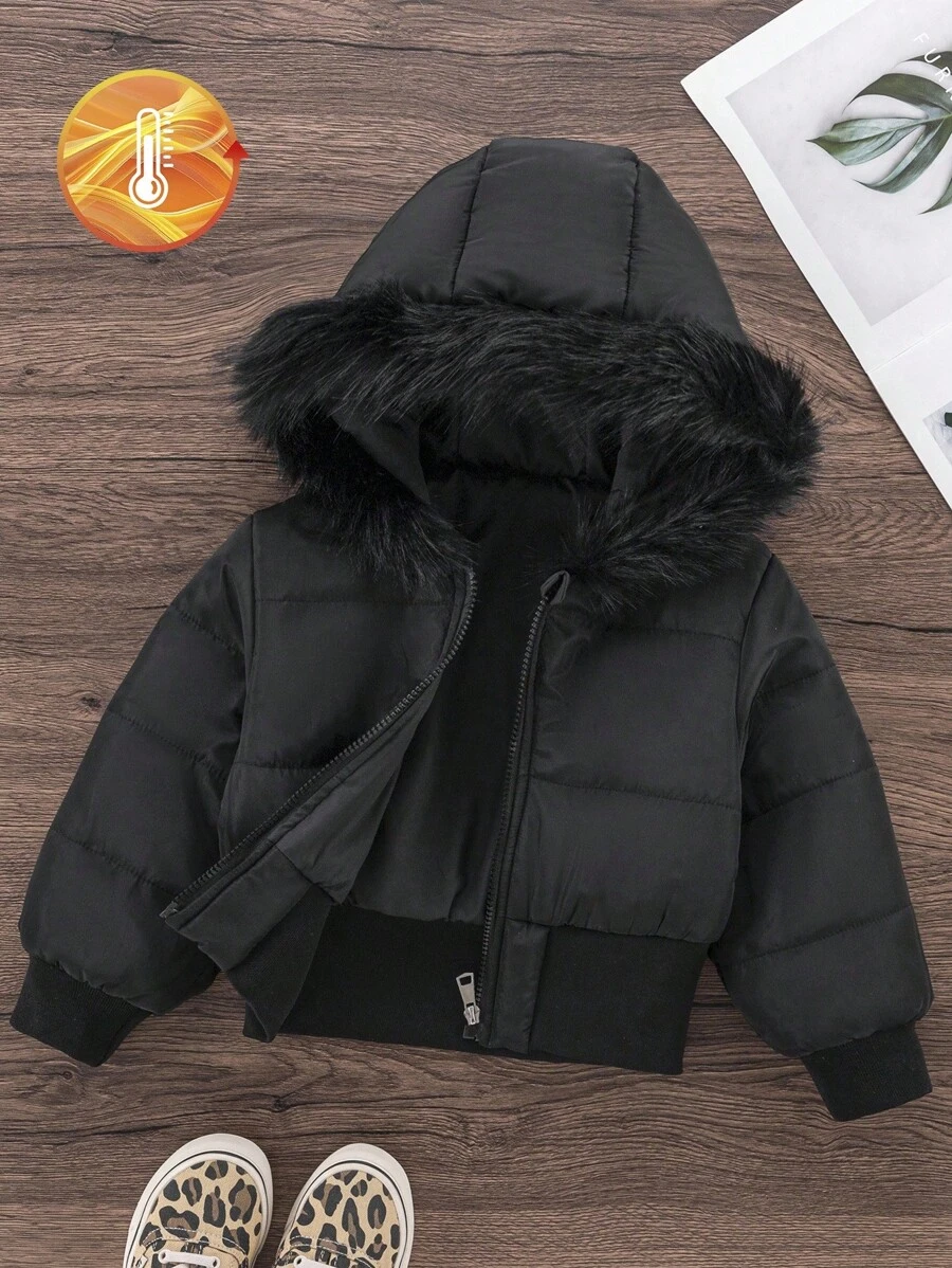 Genkimix Kids 女童黑色连帽加厚高腰罗纹修身时尚羽绒服，秋冬季休闲百搭外套，女童黑色带毛领羽绒服，幼儿女童冬季外套，儿童黑色冬季夹克，幼儿女童黑色连帽羽绒服