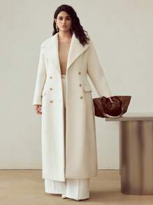 MOTF PREMIUM Áo khoác dài len pha cổ áo oversized thắt eo nút kim loại thanh lịch, mùa thu/đông - trắng - Xem 5