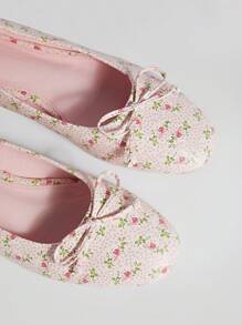 Solezae Giày nữ đế bệt in hoa thoải mái, dễ thương, đơn giản, dễ thương, màu hồng, chất liệu PU - Hồng - Xem 6