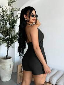 SHEIN SXY 女式性感系带露背吊带上衣和短裤两件套，夏季 - 黑色 - 查看 2