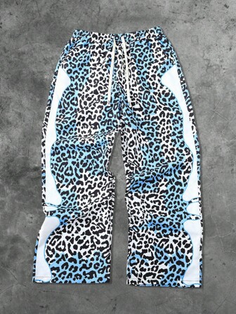 Grunge Punk Pantalones rectos para hombre con estampado de leopardo y gráfico de esqueleto, con estilo callejero estadounidense