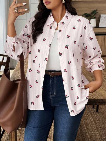 Weeklong Plus Size Women's Cherry Print Drop Shoulder Long Sleeve Single-Breasted Casual Shirt Fall Cloth For Women