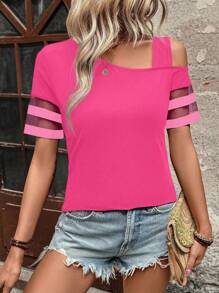 SHEIN LUNE Camiseta casual de vacaciones para mujer con cuello asimétrico, manga corta y parches de malla