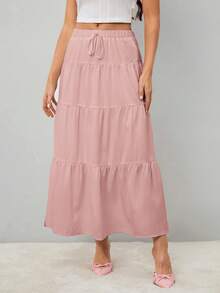 SHEIN Tall Váy Maxi Dài Cho Nữ Lưng Cao Buộc Dây Viền Xếp Nếp Màu Trơn - Hồng - Xem 6