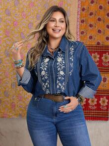 EMERY ROSE Plus Size Women Casual Embroidered Denim Blouse Fall Cloth For Women - Dark Wash - View 2
