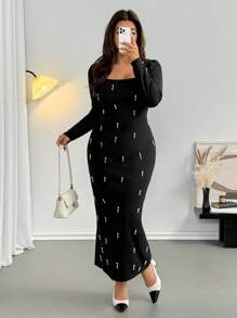 Firerie Vestido maxi elástico de manga larga con perlas, unicolor, talla grande, adecuado para ir al trabajo, oficina, ocasiones formales, fiestas, reuniones, temporada primavera/otoño/invierno