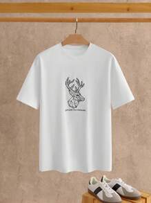 Mainfolk Men's Casual Loose Fit Round Neck Short Sleeve T-Shirt With Geometric Deer Embroidery, Graphic Tee - White - View 9