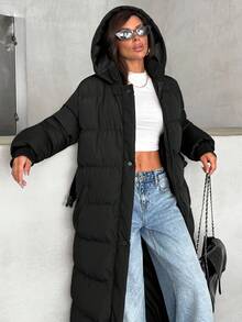 EURMUSE Women Hooded Belt Detailed Padded Long Winter Coat