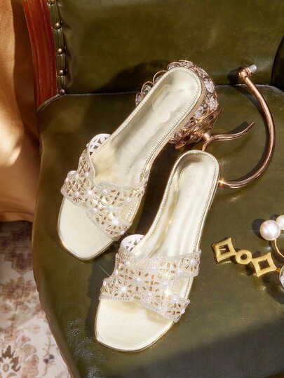 CUCCOO TILAWA Luxury Gold Mule Slippers, Featuring Exquisite Pearl & Colorful Crystal Details, Suitable For Weddings, Galas, Parties, And Festive Occasions