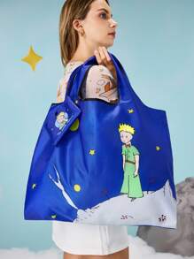 LE PETIT PRINCE X SHEIN 1 件卡通图案可折叠购物袋，带小袋的手提袋，可挂在包上的串珠链，图案：星球、玫瑰、小王子、月亮和星星