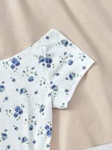 SHEIN 少女夏季白色花朵露肩休闲日常T恤，居家，学校花朵T恤 - 藍白色 - 查看 7