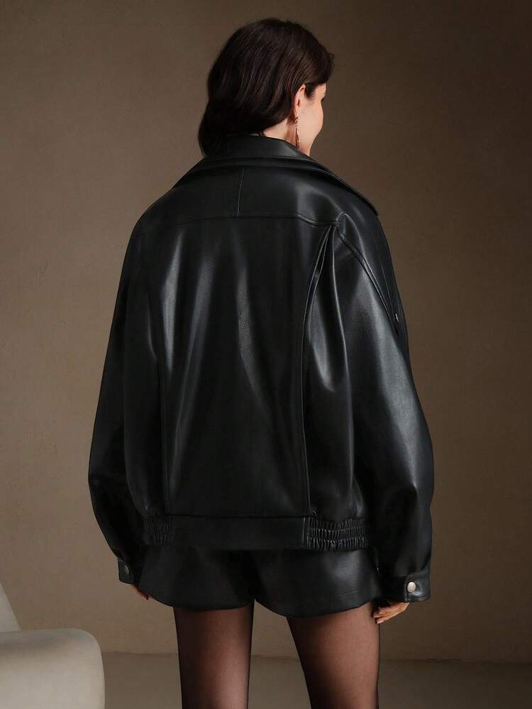 Chaqueta de cuero sintético negro holgada para mujer, nueva para otoño/invierno, chaqueta de motocicleta de manga larga y gruesa, adecuada para uso casual, formal, fiesta, elegante, Año Nuevo, Navidad, trabajo, graduación, boda