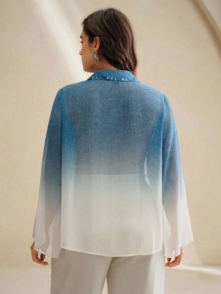 Women's Long Sleeve Ombre Blue Chiffon Blouse, Elegant & Stylish