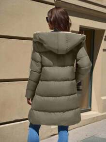 EURMUSE Two-Tone Hooded Pocket Zipper Stand Collar Mid-Length Winter Jacket - Army Green - View 2