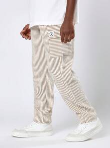 SUMWON Pantalon cargo rayé pour jeunes, taille élastique, coupe décontractée, poches, beige, confortable et durable, pantalon long pour l'été et le printemps