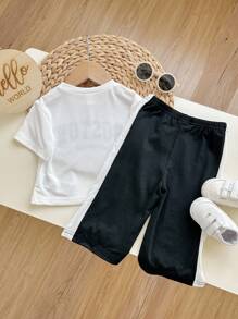 Baby Boy/Girl Casual Street Style Letter Print Short Sleeve Top Elastic Waist Color Block Pants Set - Multicolor - View 2