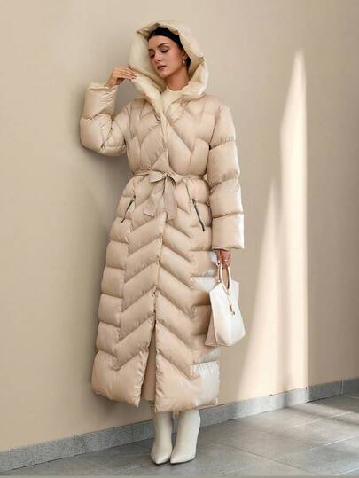 CLARA VERO Women Solid Color Pocket And Belted Detailed Long Winter Coats Winter Coat Women Hooded Puffer Coat Women