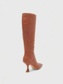 CUCCOO BIZCHIC Bottes mi-mollet à talon fin et bout pointu, de couleur unie et style minimaliste pour femmes - Tabac - Voir 8