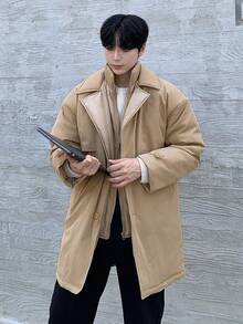 DAZY Khaki Windbreaker Jacket, Double-Breasted Design, Long Style Men's Padded Coat, Winter - Khaki - View 10