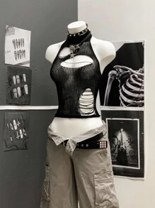 StreetHx 女士街头风纯黑色镂空钩针无袖针织上衣 - 黑色 - 查看 3