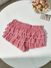 SHEIN MOD Pantaloni scurți ultra-scurți de damă, cu talie joasă, în carouri, cu volane, haine pentru întoarcere la școală, boxer, albastru și alb, simplu zilnic