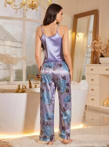 LuxeNights 2件套仿丝纯色V领吊带背心和花卉印花直筒裤睡衣套装 - 紫色 - 查看 3