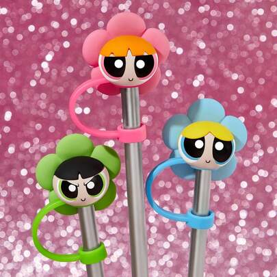 THE POWERPUFF GIRLS X SHEIN Blossom, Bubbles, Buttercup Pattern Cute Flower Dust-Proof Reusable Straw Cap, Suitable For Straws With A Diameter Of 8-10 Mm,Y2K