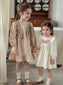 LMoss Kids LMoss  Baby Girl Woven Solid Color Embroidered Ruffle Sleeve Dress With Crossbody Bag - Beige - View 5