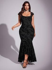 Viva Relle 大码女式弹力紧身优雅派对/生日/场合美人鱼蕾丝网眼吊带裙，适合秋冬夏季 - 黑色 - 查看 6