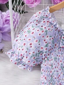 女童花卉印花蝴蝶结装饰短袖连衣裙