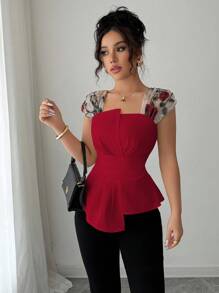 Elenzga 女式束腰不对称拼接刺绣网眼衬衫 - 紅色 - 查看 5