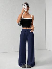 SHEIN PETITE 舒适休闲纯色针织低腰阔腿女式运动裤 - 藏蓝色 - 查看 4