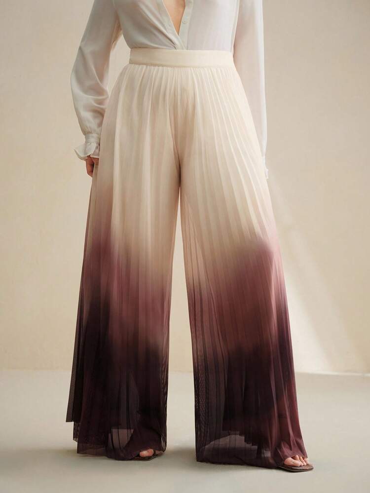 Women's Plus Elegant Ombre Print Wide Leg Pleated Long Pants, Fashionable Autumn